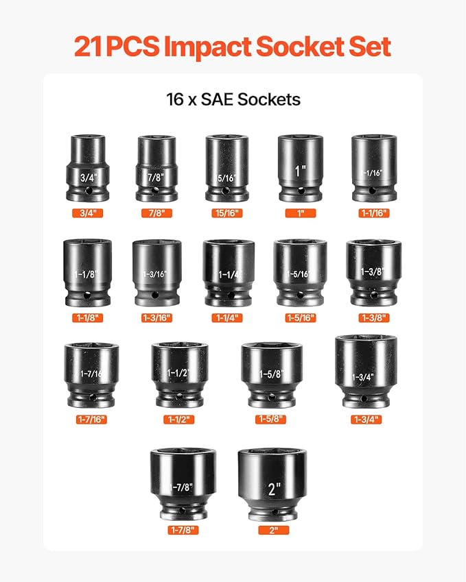 VEVOR 3/4 in Drive Impact Socket Set, 21 Pieces SAE 3/4 in to 2 in, 6 Point Cr-V Alloy Steel for Auto Repair, Easy-to-Read Size Markings, Includes Extension Bars, Ratchet Handle and Storage Case
