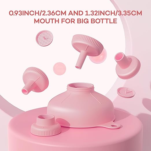 Pisol Wide Mouth Versatile Funnel, Canning Funnels for Kitchen Use, Food Grade Plastic Cooking Funnel Set with 4 Size Spouts and 2 Strainers for Filling Different Bottles and Bags, Pink
