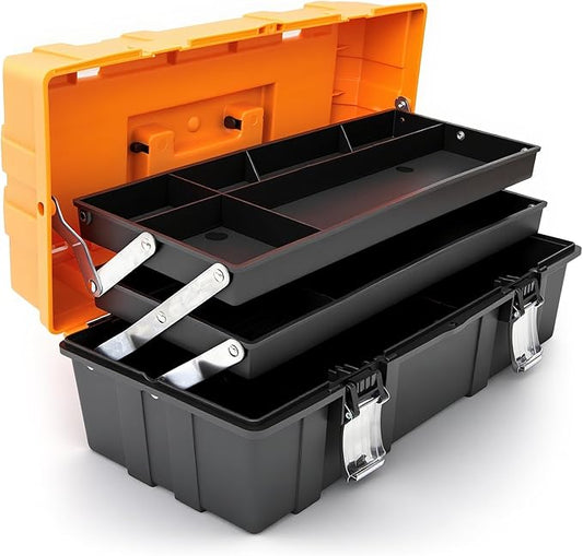 Torin 17-Inch Plastic Tool Box,3-Tiers Multi-Function Storage Portable Toolbox Organizer, Black/Orange ATRJH-3430T