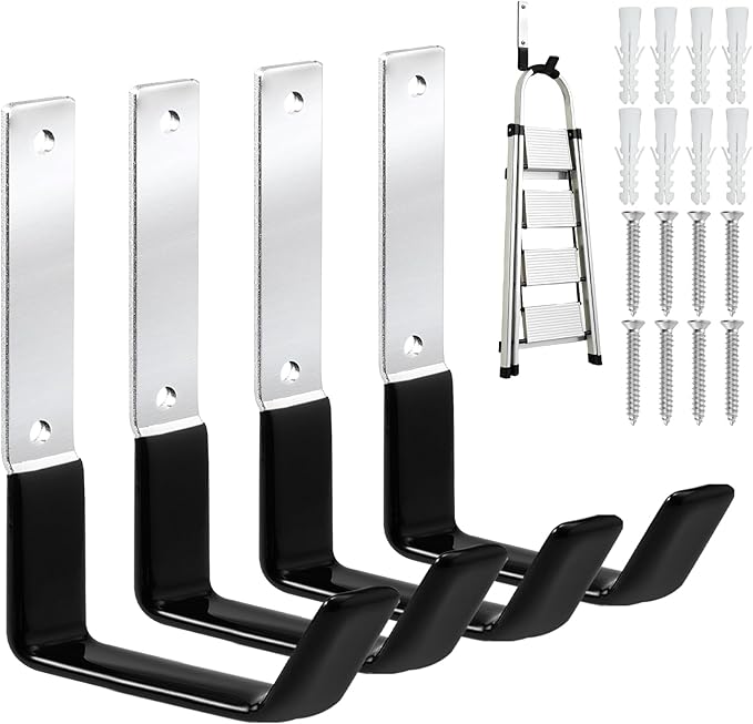 GeeWatom Heavy Duty Steel Garage Hooks,Garage Storage Utility Hooks,Anti-Slip Garage Hooks,Garage Garden Tool Organizer,Steel Wall Mount Hooks, Garden Hose Hanger, Black J Hooks (Large-4PC)