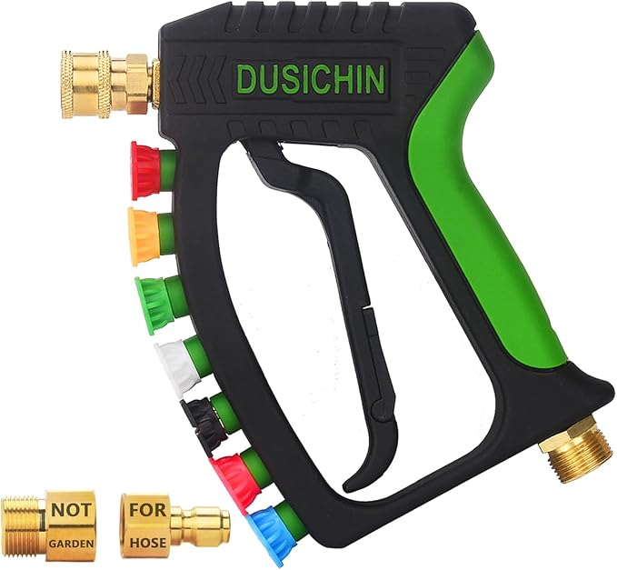 DUSICHIN Short Pressure Washer Gun 4000 PSI High Pressure Water Handle 1/4”Quick Connector,Car Wash Foam Gun Nozzle Tips Holder with Swivel 3/8" Quick Connector,M22-14 mm and M22-15 mm Fitting DUS2902