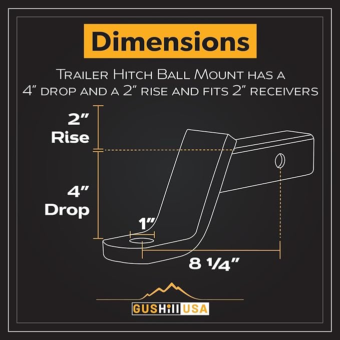 GusHIll USA GH45050 Trailer Hitch Ball Mount, Fits 2-Inch Receiver, 6,000 lbs, 1-Inch Hole, 4-Inch Drop