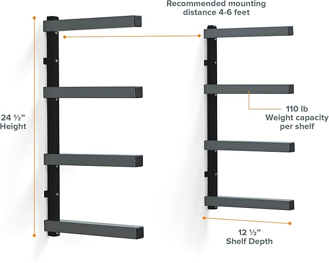 Bora 4-Level Lumber Storage Rack Wood and Garage Organization Space-Saving Metal Shelf for Pipes, Boards, Plywood, and Building Materials - PBR-004B Black Gray