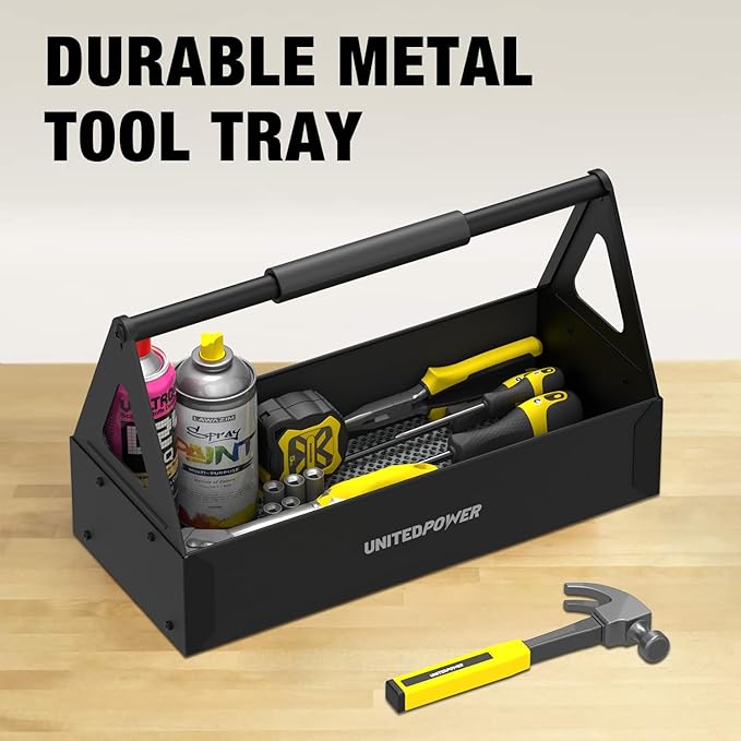 UNITEDPOWER Handy Tool Box, Portable Metal Tote Tray with comfortable grip handle, Tool Organization for Household, Warehouse, Repair Shop, Black