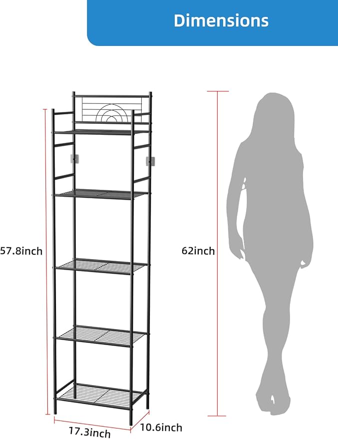 LEEDA 5-Tier Metal Shelving Unit, Sturdy Bathroom Storage Shelf & Free Standing Towel Rack with Adjustable Feet, Open Floor Shelves for Small Space in Bathroom, Kitchen, Office, Black