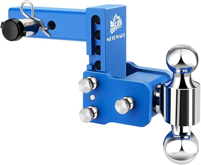METOWARE Adjustable Trailer Hitches Fits 2 Inch Receiver, Adjustable Ball Mount with 4-Inch Drop/Rise (12,500 LBS GTW), Dual Ball (2" x 2-5/16") and Anti-Theft Stainless Steel Trailer Lock (Blue)