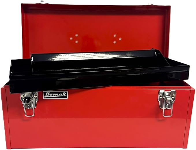 Homak 20" Portable Steel Heavy-duty Tool Box 18-Gauge with Metal Latches and Handle with removable tray, Red