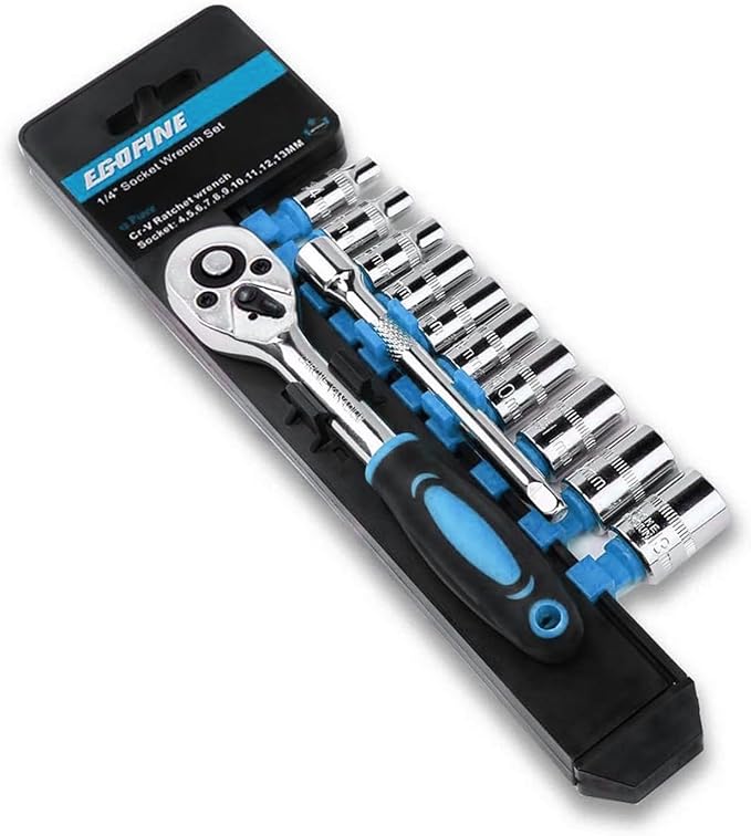 Egofine 12pcs 1/4 Inch Mini Ratchet Socket Wrench Set, Drive Socket Set with 10 Sockets (4-13mm) and 2 Way Quick Released Ratchet Handle and Extension Bar, Blue
