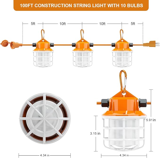 NS 100FT Construction String Lights 150W LED Industrial Grade 15000LM 5000K IP65 Linkable for Construction Sites, Temporary Work, Renovation, Jobsite,All Outdoor Lighting, with 10 Bulbs and Hook