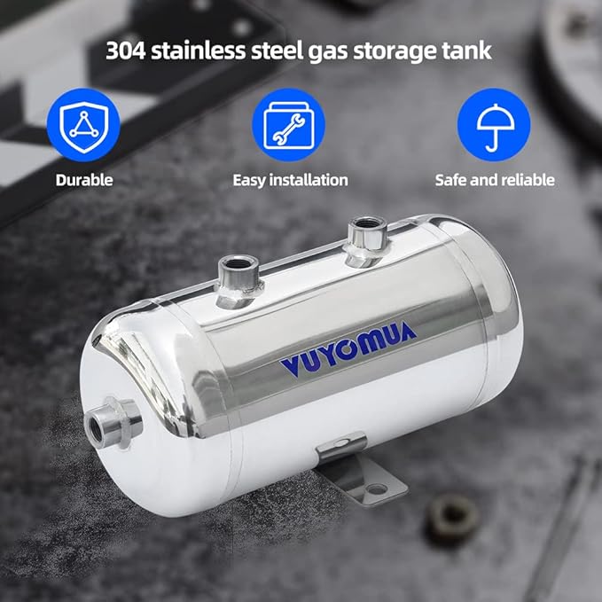 1/4" NPT Air Compressors 0.5 Gallon Stainless Steel Portable Air Compressor Max 180PSI Air Reservoir Water Storage Tank for Truck, Car, Air Horn, Inflating Tires, Air Ride