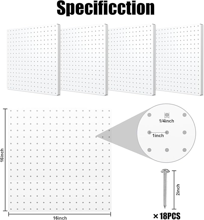 Peg Board, 16”×16”Large Heavy Duty Metal Pegboard Panels with Frame White PegBoard Display 4 Packs Peg Boards for Walls, Display, Garage Tool Storage, Office Organization, Craft Room, Kitchen