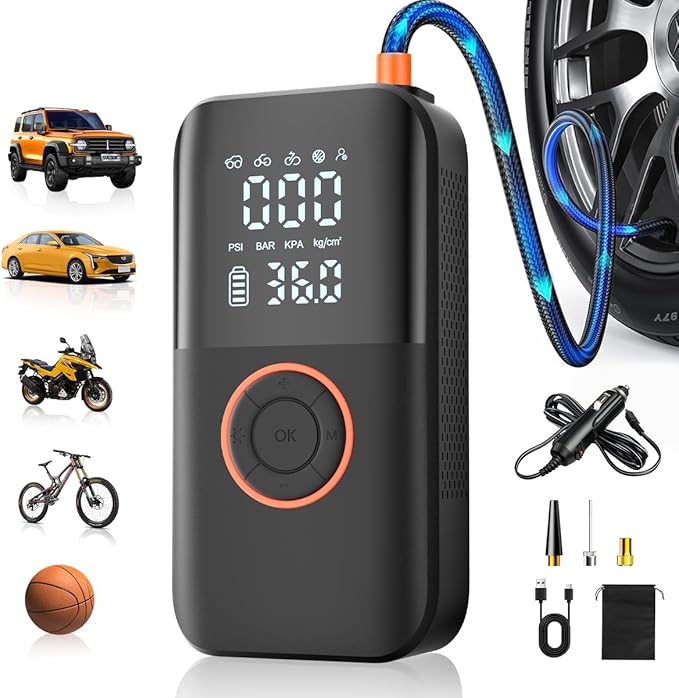 Tire Inflator Portable Air Compressor, 150PSI Cordless Tire Pump, 12V DC & Battery Dual Power, Auto Shut-Off Air Pump for Car, Motorcycle, Bike, Ball - LED Light & Digital Display, Car Gifts for Men
