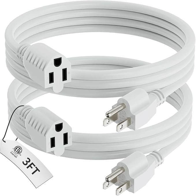 PLUGTUL 3 FT Extension Cord Black, 2-Pack Short Power Cord, Indoor/Outdoor 16 Gauge 3 Prong Grounded Wire ETL Listed, 13A 1625W 125V SJTW