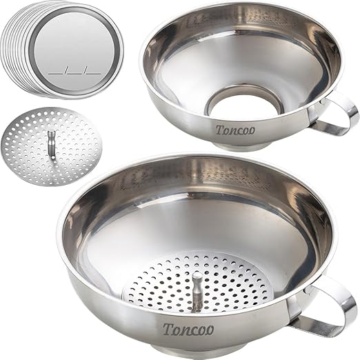 2pcs Canning Funnels for Filling Mason Jars with Strainer, Food Grade Stainless Steel Funnels for Kitchen Use, Metal Wide Mouth Funnel for Mason Jar