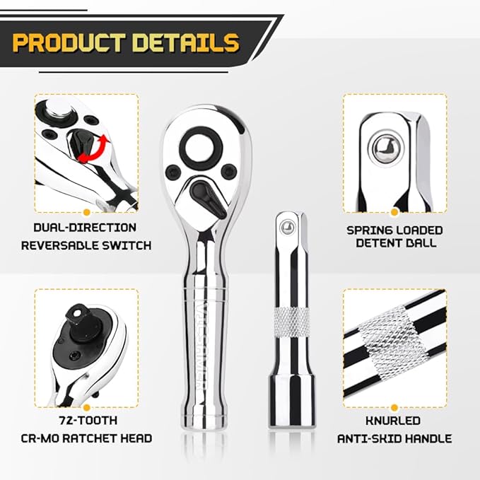 Stubby Ratchet Set- 3/8" Drive Ratchet Handle with a Extension Bars, Gift for Men 72-T Reversible Quick Release Head Premium Mini Ratchet Wrench for Narrow Spaces