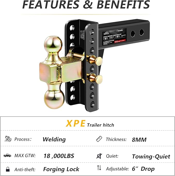 XPE Adjustable Trailer Hitch, Fits 2.0-Inch Receiver, 6-Inch Drop/Rise,2"" & 2-5/16"" Ball Hitches for Trucks, 18,000 LBS GTW - Receiver Hitch with Anti-Theft Pin, Solid Ball Mount, BLK,X-452006