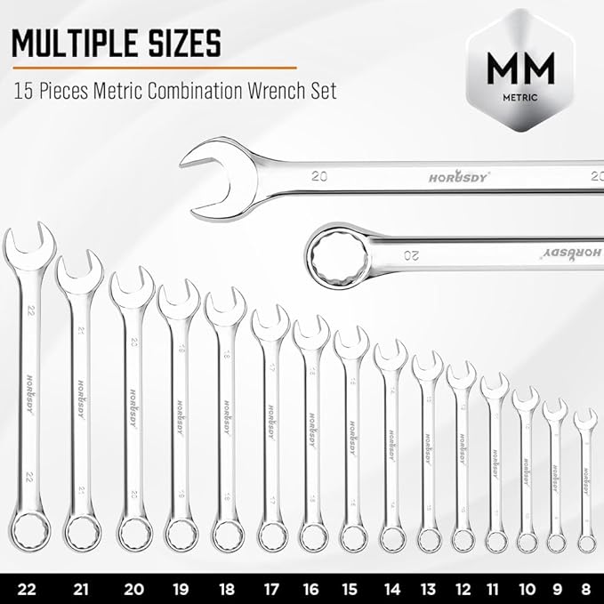 HORUSDY 15-Piece Metric Wrench Sets, Premium Combination Wrench Set Metric 8-22mm, Max Torque, 12-Point, Chrome Vanadium Steel, with Storage Rack