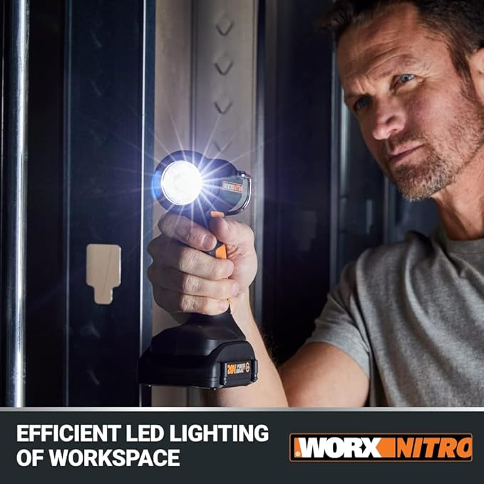 WORX Nitro 20V LED Work Light PowerShare, 160/350 Lumens Portable Light, LED Flashlight with Flexible Pivoting Head WX025L.9 – Tool Only