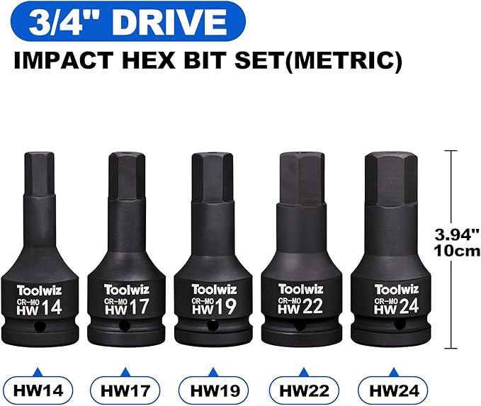 Toolwiz 3/4 Inch Drive Impact Hex Bit Set, 5-Piece Metric 14mm-24mm, Cr-Mo Steel, One-Piece Construction, Professional Automotive Impact Bit Socket Set, Heavy Duty PVC Storage Case