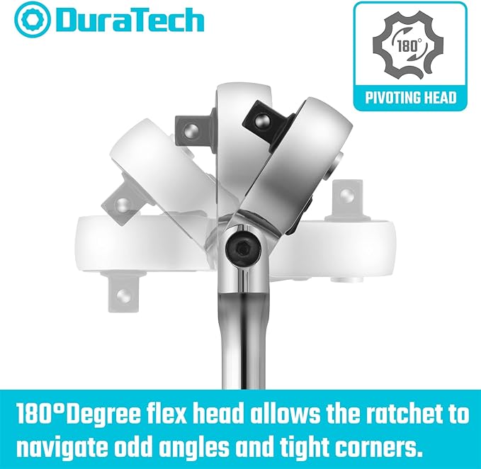 DURATECH 3-Piece Flex-Head Ratchet Set, 1/4", 3/8", 1/2" Drive Ratchet, 72-Tooth with Quick-Release Reversible Design, Chrome Alloy Made, Fully Polished, Organized in Storage Case