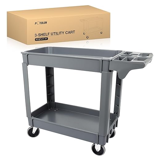 Heavy Duty 2-Shelf Plastic Utility Cart - 550 lbs Capacity Rolling Service Cart with 5" TPU Silent Wheels & Integrated Tool Handle - Grey