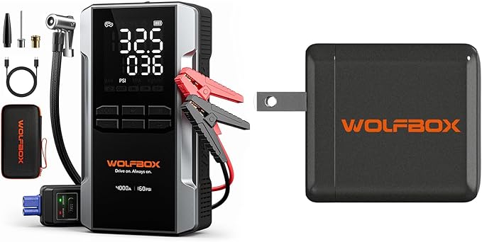 WOLFBOX 4000A Jump Starter with 160PSI air Compressor and 65W Fast Charge Adapter