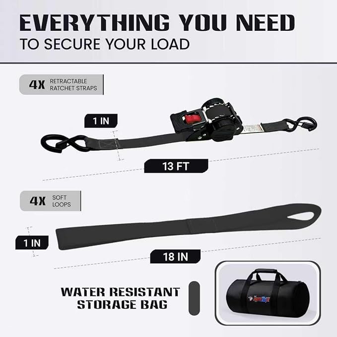 Retractable Ratchet Straps (4-Pack) - Heavy Duty Auto Slow Retraction Tie Down Straps - 1 Inch x 13 Feet (1,800lb Break Strength) for Truck, Cargo Trailer, Motorcycle, ATV, UTV - Black