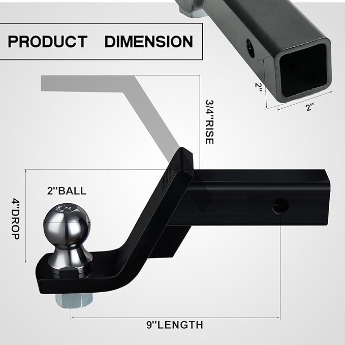 TOPSHINE Trailer Hitch Ball Mount with 2 in Ball & Hitch Pin, Heavy Duty Steel Fits 2 Inch Receiver, 7500lbs Capacity, 4-in Drop, 3pcs Hitch Receiver Silencer Pad Included, Black