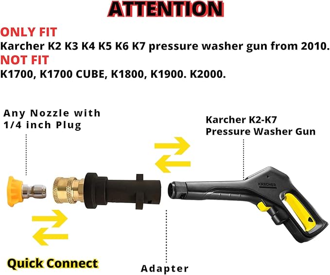Pressure Washer Gun Adapter 1/4'' Quick Connect Fitting Spray Nozzle Tips Sets Multiple Degrees Brass Female Pressure Washer Accessories Only Compatible Karcher K2, K3, K4, K5, K6, K7,Foam Gun Parts