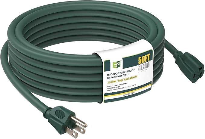 EP 50FT Green Outdoor Extension Cord, 16/3 SJTW Heavy Duty Waterproof, 3 Prong Grounded Plug, 13A 1625W 16AWG, Cold-Resistant Flexible Power Cable for Garden, Home, Christmas Lights