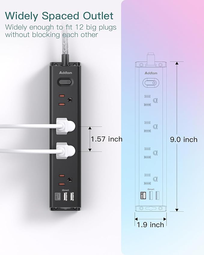 Surge Protector Power Strip - 25 FT Extension Cord, Power Strip with 12 Widely AC Outlet 3 USB, Flat Plug Wall Mount Overload Protection, 1050J, Desk Charging Station for Home Office, ETL Listed,Black