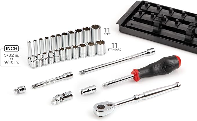 TEKTON 1/4 Inch Drive 6-Point Socket and Ratchet Set with Rails and Tray, 29-Piece (5/32-9/16 in.) | SKT03101