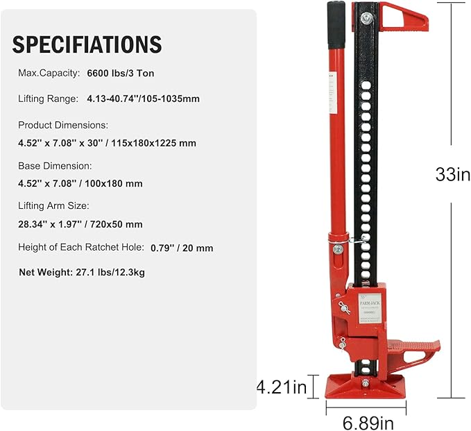 GarveeTech 3 T Farm Jack, 33 in Utility Farm Jack, 6600 LBS Capacity Ratcheting Off Road Utility Jack, Heavy-Duty Farm Jacks Foratv, Utv, SUV, Tractor, Truck, Universal Jack
