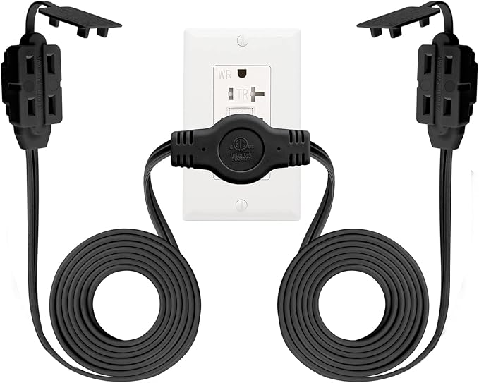K Kasonic 12 Feet Twin Extension Cord Power Strip, 6 Feet on Each Side, Flat Head Outlet Plug,6 Polarized Outlets with Safety Cover, Double Extension Cord Splitter for Indoor Use, ETL Listed (Black)