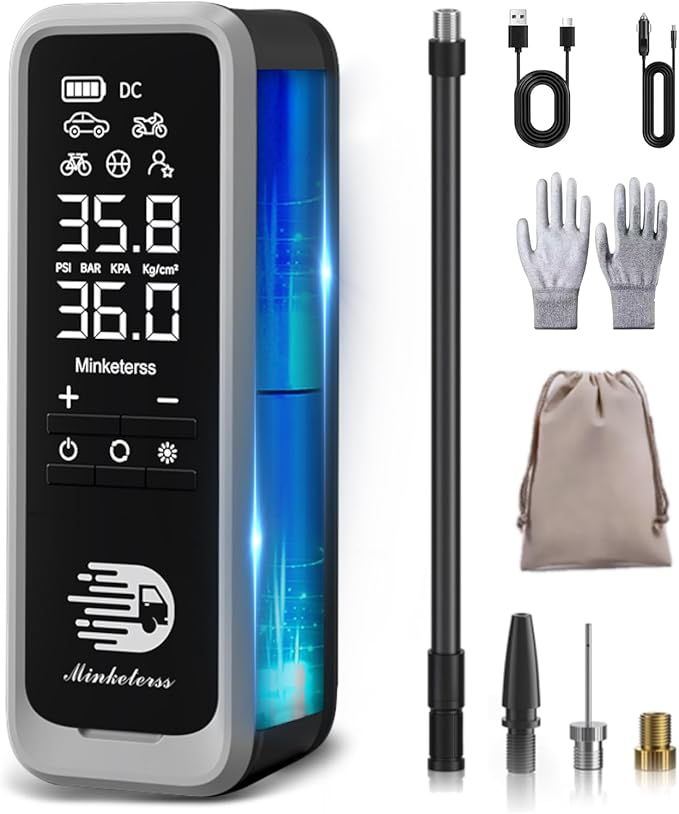 Portable Tire Inflator Air Compressor, 160 PSI Fast Inflation 34 L/Min, Cordless + 12V DC, 7500 mAh, Dual LCD Digital Gauge, Auto Shut-Off, LED Light — For Car, Motorcycle, Bicycle, Balls