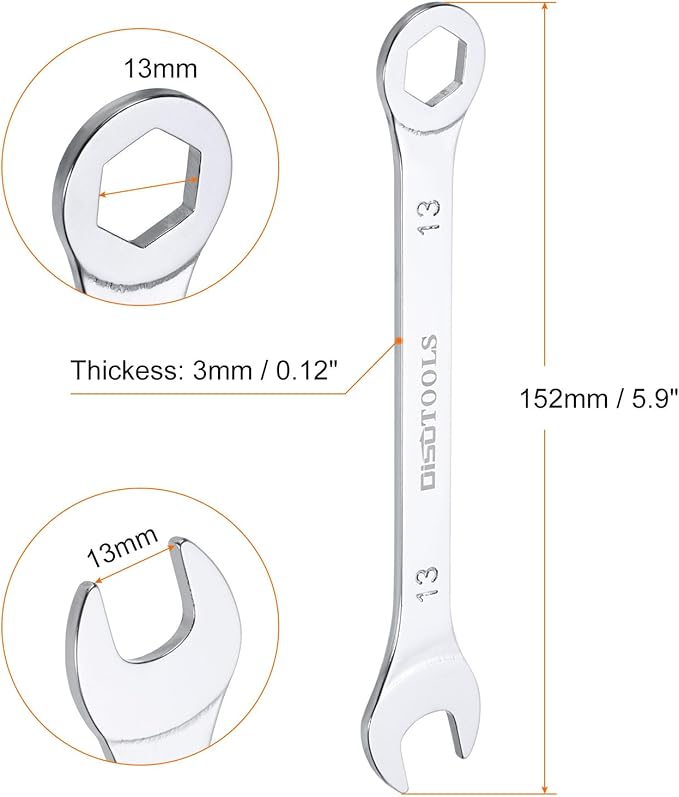 HARFINGTON Thin Combination Wrench Metric 13mm 6-Point Ended Box 15 Degree Offset Open End CR-V Chrome Plated Steel, Silver