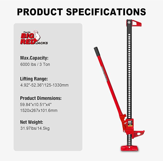 Big RED Torin 60" Ratcheting Off Road Utility Farm Jack, 3 Ton (6,000 lb) Capacity, Red