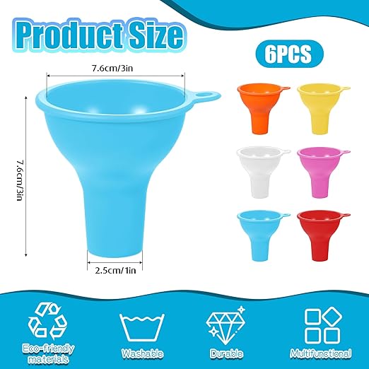 6 Pcs Silicone Kitchen Funnel Set, Wide Mouth Funnel Flexible Canning Silicone Funnels for Filling Bottles Oil Water Home Restaurant Jars Cans, 3.2 x 1 Inch (Multi Color)