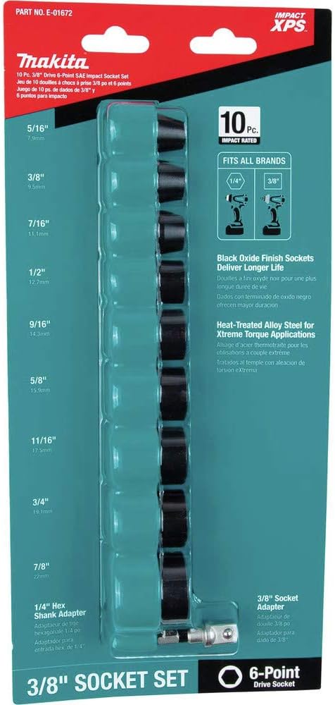 Makita E-01672 Impact XPS® 10 Pc. 3/8" Drive 6-Point SAE Impact Socket Set w/Standard Socket Adapter