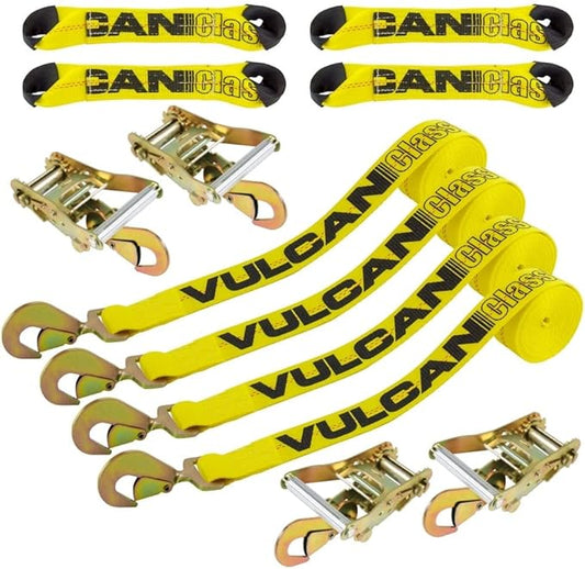 VULCAN 8-Point Roll Back Vehicle Tie Down Kit with Snap Hooks on Both Ends - Set of 4 - Classic Yellow