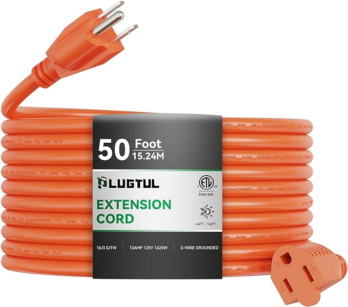 Outdoor Extension Cord 50 FT Waterproof, 16/3 Gauge Heavy Duty 3 Prong Extension Cord, 13A 1625W SJTW, ETL Listed, Great for Garden and Home, Orange