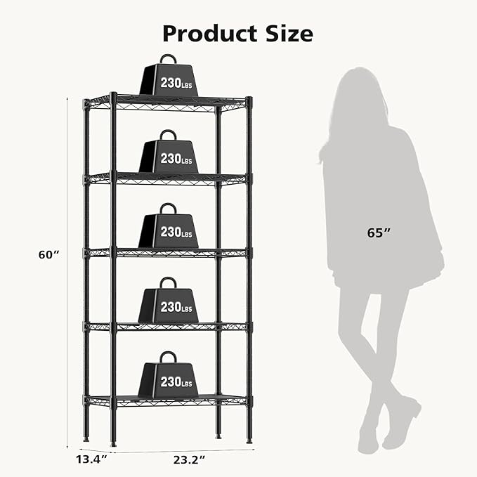HealSmart 5-Tier Metal Wire Storage Shelves, Adjustable Standing Storage Rack Shelf, Heavy Duty Steel Shelving Unit Organizers for Kitchen Bathroom Pantry Garage, 23.3" W×13.4" D×60" H, Black