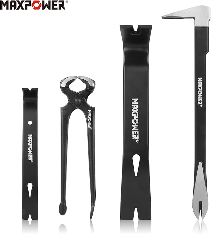 MAXPOWER 4-Pieces Pry Bar Set, 12-inch Utility Claw Pry Bar, 8-inch Nail Puller, 10-inch and 7-inch Flat Pry Bar Crowbar Claw