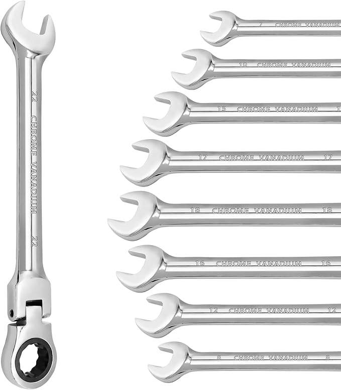 17mm Flex Head Ratchet Wrench, 12 Point Chrome Vanadium Steel Combination Spanner with 72 Tooth Ratcheting Gear, Metric Industrial Grade Tool for Automotive and Mechanical Maintenance