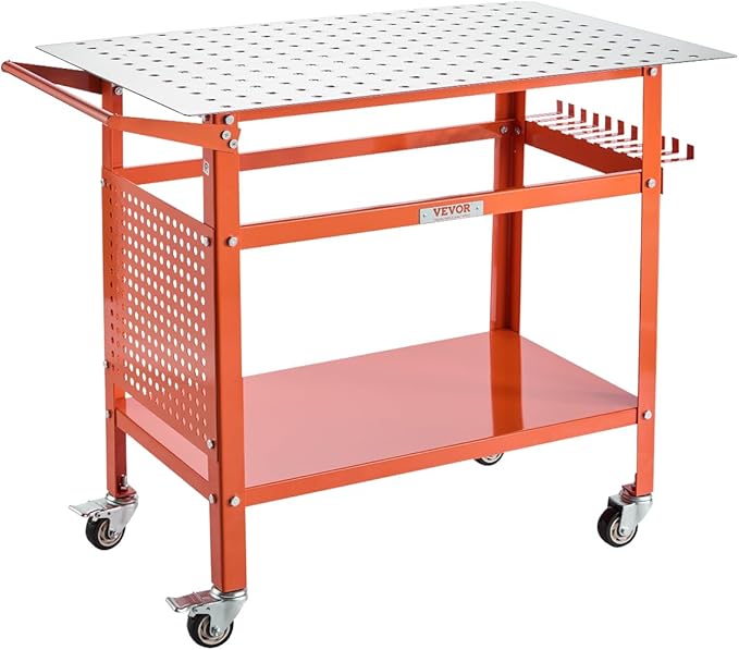 VEVOR Welding Table, 40" x 24" Welding Workbench Table with 800LBS Static Weight Capacity, Movable Steel Work Bench with 4 Wheels (2 with Brake), Double-Layer Storage Board and 5/8-inch Fixture Holes