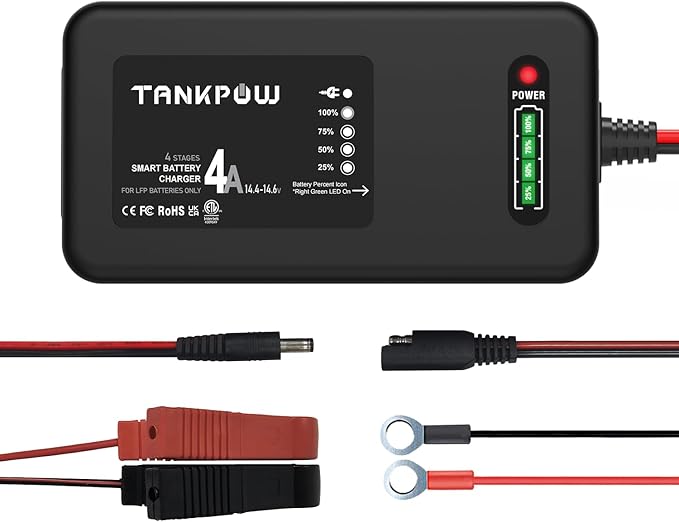 14.6V 4A LiFePO4 Lithium Battery Charger,Smart Battery Charger Maintainer with 4LEDs Indicator,SAE Connector for Cars,Golf Trolley,UAV,Fishing Boat Deep Cycle Batteries(ETL Listed)