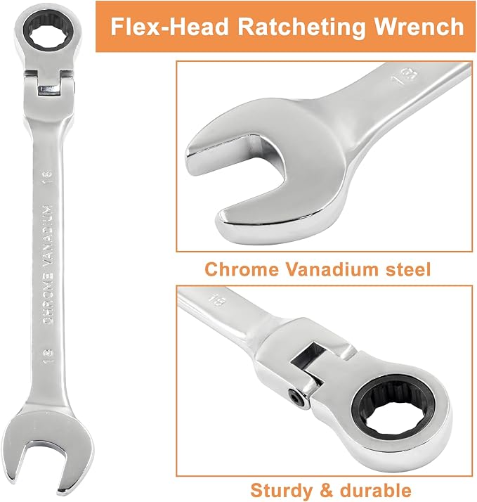 Piutouyar 18mm Flex-Head Ratcheting Wrench, Professional Metric Ratchet Wrench Combination Wrench Box Ended Spanner Tool for Projects Repair(5° Movement and 72 Teeth 12 Point, CR-V)