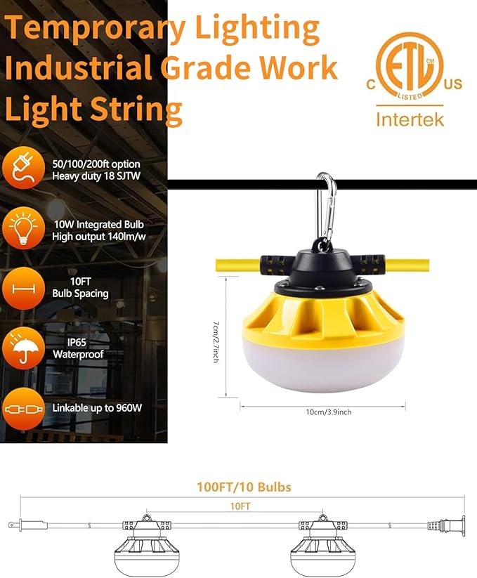 100FT LED Construction String Lights, 100W 10000LM Industrial Grade Temporary Work Lights with 10 Bulbs, Linkable 5000K Super Bright Weatherproof Lighting for Construction Site, Job Site,& Outdoor Use