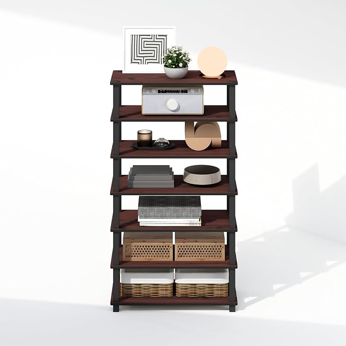 Furinno Turn-N-Tube Storage Shelves Set of 2, 4-Tier Stackable Standing Shelf, Open Corner Shelf, for Organization and Storage, Living Room, Garage, Home Office, Dark Cherry