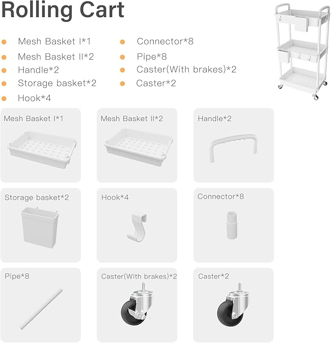 3 Tier Rolling Utility Cart with Handle,REBECAT Utility Cart Made of Multifunctional Storage Organizer Tool for Kitchen,Bathroom,Living Room,Office(White)